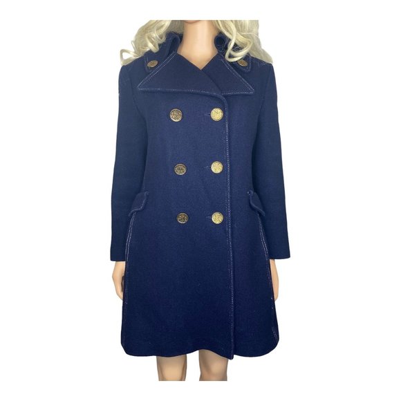 Vintage Arthur Jay Wool Peacoat S/M Navy Contrast Gold Button Quilted Liner Warm - Picture 15 of 16
